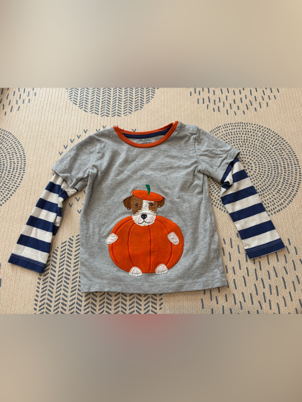 Baby Boden Gray Long-Sleeve Tee with Orange Pumpkin Puppy and Navy Stripes